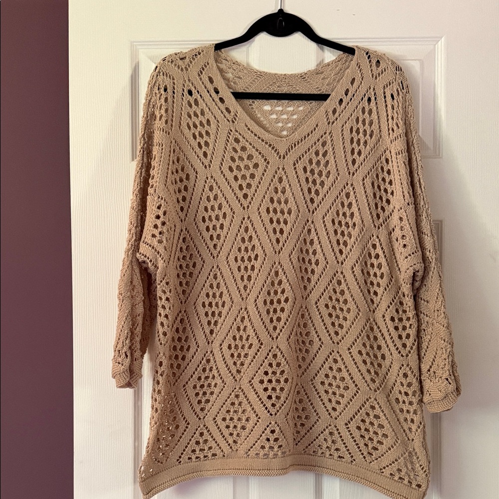 SHEIN Beige Open-Knit V-Neck Sweater